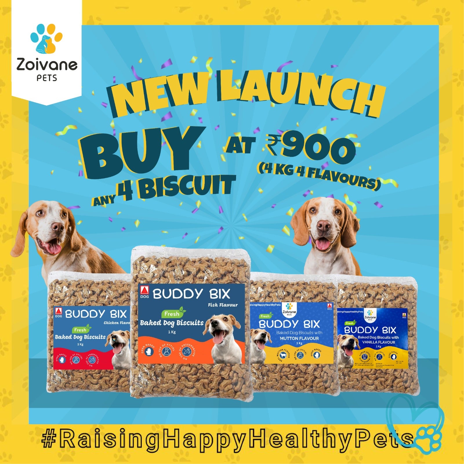 ZOIVANE Buddy Bix Dog Biscuits |Chicken Flavor, Mutton Flavor, Fish Flavor, Vegetarian Flavor Biscuits| pack of 4 (1 kg each)