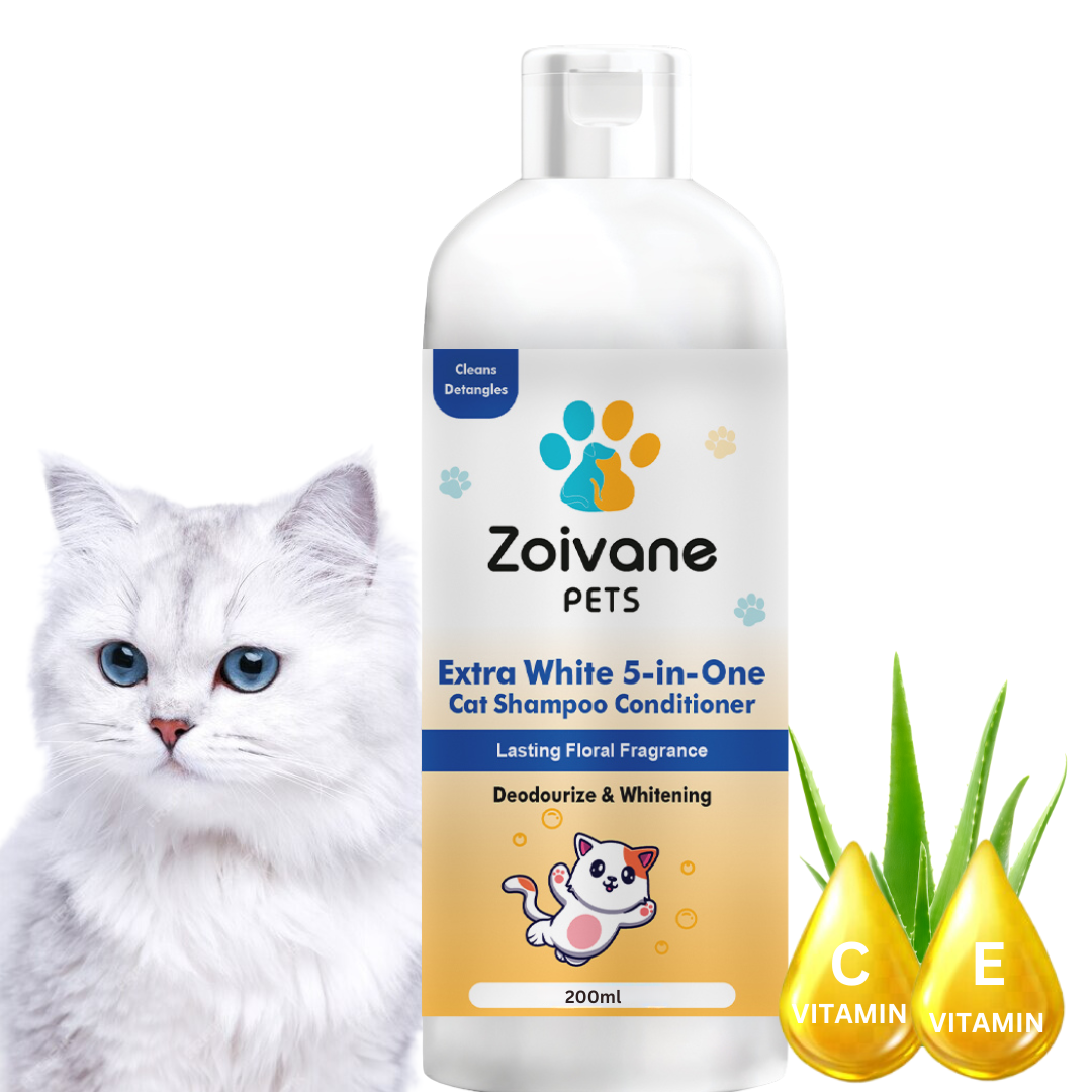 Cat Grooming Kit - Extra White 5-in-1 Cat Shampoo with Conditioner, Shine & Soft Serum (100ml), Bathing Brush,  Apple-Scented Pet Wipes 100 count, and a Cute Bow Tie.