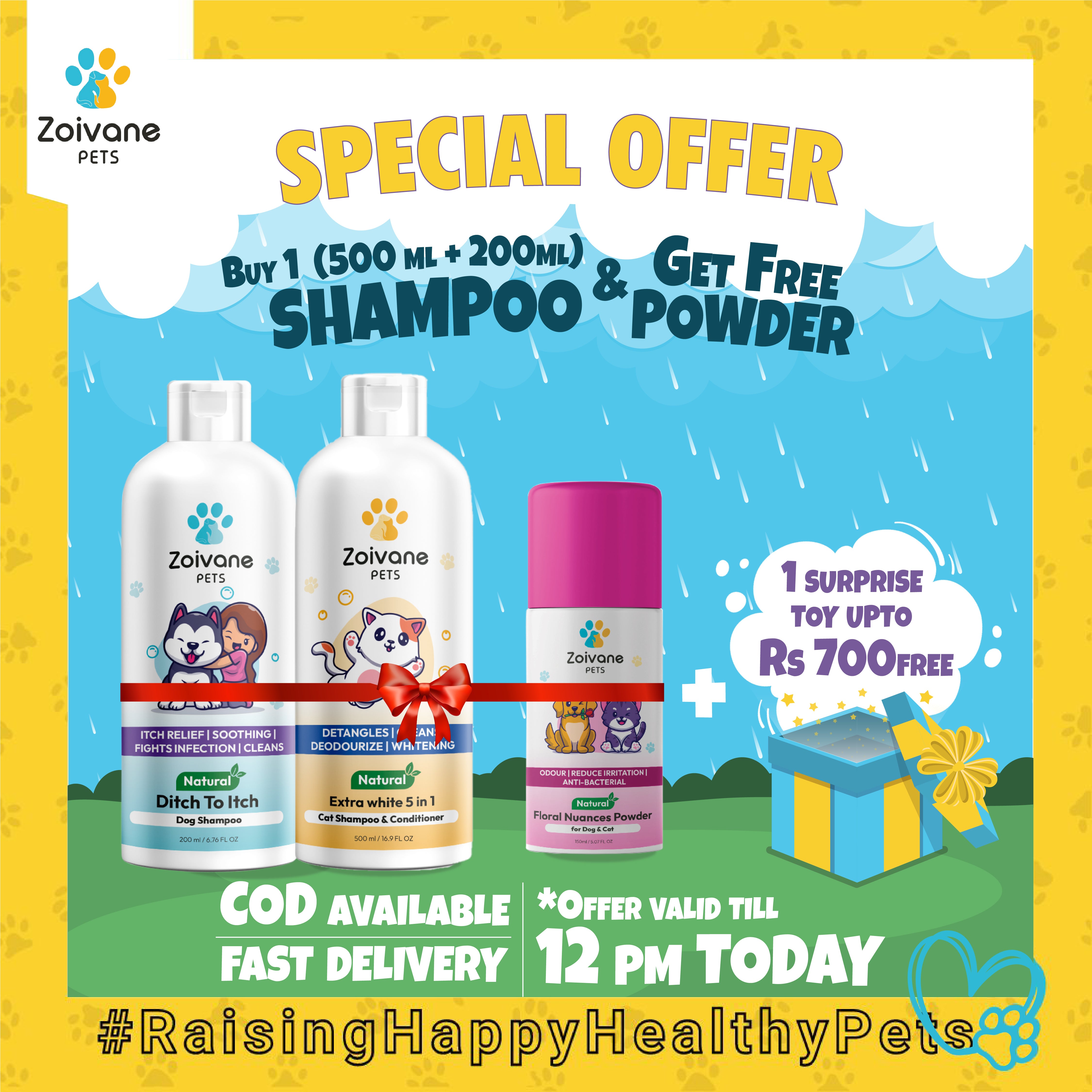 Buy 1 500ml + 200ml shampoo and get free powder and 1 toy upto Rs 700 free